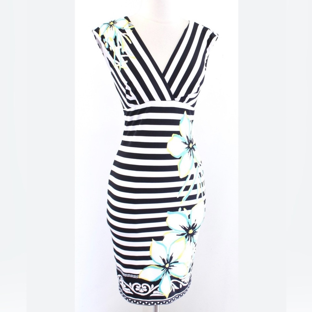 Cache Black and White Striped Midi Dress with Floral Design S